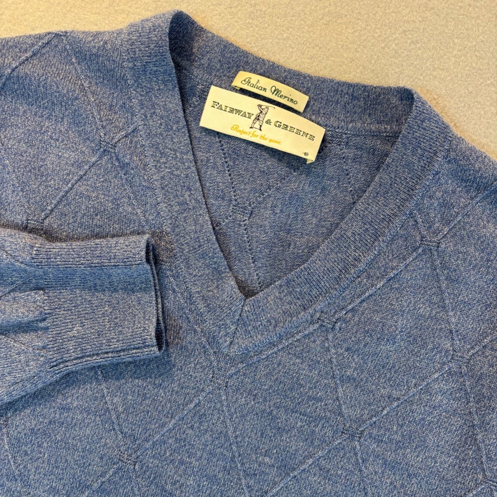 Fairway & Greene Mens Italian Merino Wool V-Neck Diamond Knit Sweater Blue XL